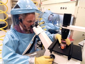 Scientists looking through microscopes.