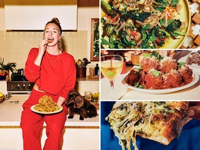 Clockwise from left: cookbook author, recipe developer and video host Molly Baz, crispy, crunchy brocc and grains with so much mint, Mollz ballz and tangled leek 'za