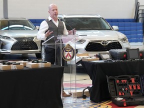Superintendent Steve Watts, of the Organized Crime Enforcement for the City of Toronto Police force, speaks to the media regarding the results of Project Paranoid, a vehicle theft investigation in Toronto on Wednesday, March 27, 2024.