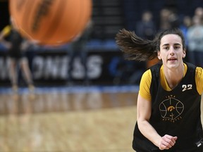 Iowa's Caitlin Clark (22) is seen during a morning practice session at a college basketball NCAA Tournament in Albany, N.Y. Friday, March 29, 2024. Iowa plays Colorado in a Sweet 16 game on Saturday.