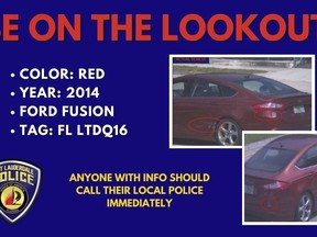In this bulletin issued by the Fort Lauderdale Police Department on Thursday, March 28, 2024, as they search for the shooter who killed Major Melvin, 89, and his wife Claudette Major, 87, inside their home on March 22. Florida police are seeking the public's help in finding a red 2014 Ford Fusion stolen from them. The car's Florida license plate is LTDQ16. (Fort Lauderdale Police Department via AP)