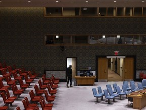 A general view shows an empty Security Council chamber, prior to a Security Council meeting to discuss the situation in the North Korea, at United Nations headquarters, Friday, March. 22, 2024.