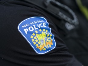 A Peel police shoulder patch is seen in Mississauga, Ont., on Saturday, July 1, 2023.
