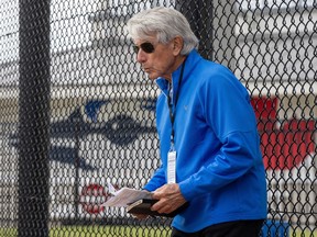Toronto Blue Jays colour commentator Buck Martinez watches batting practice during spring training action in Dunedin, Fla. on Friday, February 23, 2024. With trusty black notebook and pen in hand, Martinez covers a wide expanse at the Toronto Blue Jays' player development complex during spring training.