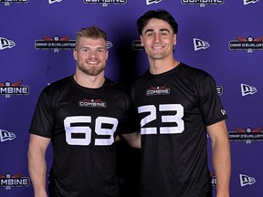 Joel Dublanko (left) and Casey Bauman don't need their new-found dual citizenships to make them feel at home in Canada. The American-born football prospects have family ties that led to their designations as nationals for the April 30 CFL global and Canadian drafts, but they both already felt a connection. Dublanko and Bauman pose for a photo at the CFL National Combine on March 20, 2024 in Winnipeg.