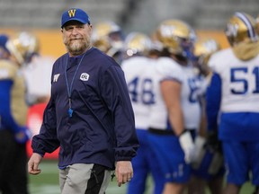 Winnipeg Blue Bombers coach Mike O'Shea and his CFL colleagues don't need convincing about the value of Canadian players. O'Shea runs drills during practice ahead of the 110th CFL Grey Cup against the Montreal Alouettes in Hamilton, Ont., Friday, Nov. 17, 2023.
