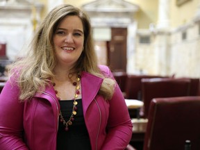 Maryland state Sen. Ariana Kelly, a Democrat, poses in the Maryland Senate, Wednesday, March 6, 2024, in Annapolis, Md., shortly before testifying on legislation she is sponsoring to create a grant program to provide funding to boost security at abortion clinics.
