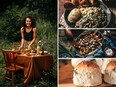 Clockwise from left: author Murielle Banackissa, saka saka (Congolese cassava leaf and spinach stew), sweet potato shiitake poutine and pampushki (Ukrainian garlic rolls)