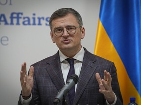 FILE - Ukraine's Foreign Minister Dmytro Kuleba, attends a joint news conference with Moldova's Foreign Minister Mihai Popsoi in Kyiv, Ukraine, Wednesday, March. 13, 2024. Kuleba arrived in New Delhi on Thursday, March 28, 2024, for a two-day visit to boost bilateral ties and cooperation with India, which considers Russia a time-tested ally from the Cold War-era.