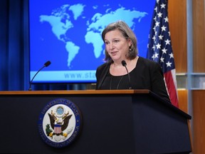 FILE - State Department Under Secretary for Public Affairs Victoria J. Nuland speaks during a briefing at the State Department in Washington, Jan. 27, 2022. Nuland, the third-highest ranking U.S. diplomat and frequent target of criticism for her hawkish views on Russia and its actions in Ukraine, will leave her post this month, the State Department said Tuesday.