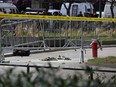 Fire extinguishers are left at the park across from Manhattan Criminal Court in New York City