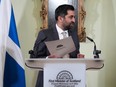 Scotland's First Minister Humza Yousaf announces his resignation during a statement, at Bute House, in Edinburgh, on April 29, 2024. Humza Yousaf resigns as Scotland's first minister just days before he was due to face two confidence votes in his leadership and government.