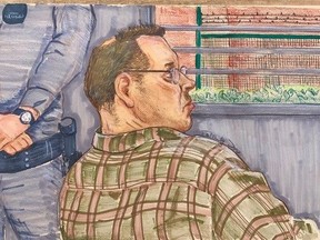 Allan Schoenborn is shown in this sketch attending a British Columbia Review Board in Coquitlam, B.C. on Thursday March 12, 2020. A hearing for a man who killed his three children in 2008 ended with an abrupt adjournment, shortly after his longtime lawyer told the British Columbia Review Board that he would no longer appear in front of the current panel.