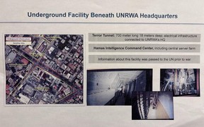 A page from an Israeli intelligence briefing, viewed by the National Post, providing detail on the Hamas intelligence headquarters found located in tunnels underneath UNRWA's Gaza headquarters