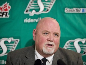 Saskatchewan Roughriders President Jim Hopson talks to reporters on Tuesday, Feb. 3, 2009 at Mosaic Stadium in Regina. Hopson, the former Saskatchewan Roughriders player who later served as president of the CFL club, has died. He was 73.
