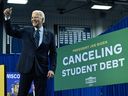 U.S. President Joe Biden gestures after speaking about student loan debt relief at Madison Area Technical College in Madison, Wisc., on April 8, 2024.