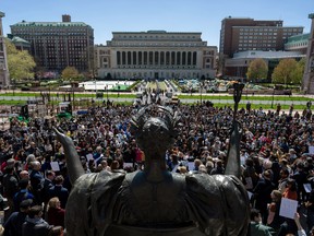 A large protest on the grounds of Columbia University.