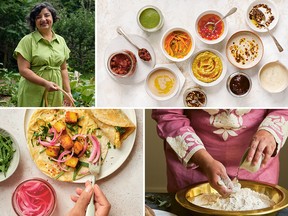 Clockwise from top left: author Puneeta Chhitwal-Varma, Fresh cilantro and mint chutney, upper left, chapatti (two-ingredient whole-grain flatbread) and Calcutta-style kathi rolls