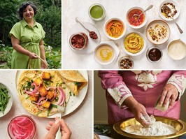 Clockwise from top left: author Puneeta Chhitwal-Varma, Fresh cilantro and mint chutney, upper left, chapatti (two-ingredient whole-grain flatbread) and Calcutta-style kathi rolls