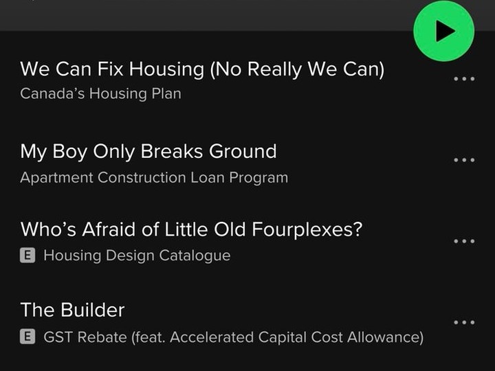  Earlier this week, we covered the phenomenon of youth support for the Liberal party dropping to near-unprecedented lows. It may or may not be related that Housing Minister Sean Fraser just posted this image to social media. As a means of pitching the Liberals’ new housing plan (which early analyses show is probably impossible, by the way), he devised a playlist of fake songs.