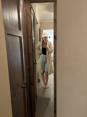 Ninety Percent Alex Vest, Kotn Antifit Denim Shorts and Simons Oversized recycled wool overcoat.