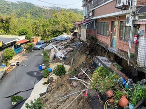 Damaged buildings after a Taiwan earthquake.