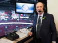 Bob Cole poses prior to calling his last NHL hockey game ahead of first-period action between the Montreal Canadiens and the Toronto Maple Leafs in Montreal, April 6, 2019.