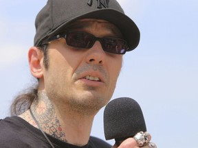 FILE - Former Arkansas death row inmate Damien Echols speaks at rally opposing the state's upcoming executions, on the front steps of Arkansas' Capitol, Friday, April 14, 2017, in Little Rock, Ark. The Arkansas Supreme Court on Thursday, April 18, 2024, said a judge wrongly denied a request from Echols for new genetic testing of crime scene evidence from the killing of three boys nearly 30 years ago.