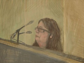 In this courtroom sketch, Erin Patterson appears in Latrobe Valley Magistrates Court, Australia, on Nov. 3, 2023. Patterson, accused of serving her ex-husband's parents and an aunt poisonous mushrooms with lunch appeared in an Australian court on Monday, April 22, 2024 charged with three counts of murder and five of attempted murder.