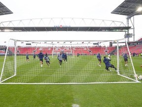 Simcoe County Rovers train at BMO field on Tuesday, April 23, 2024, ahead of their Canadian Championship game against Toronto FC on Wednesday.