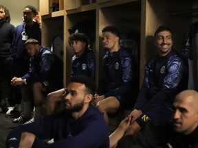 Simcoe County Rovers watch a video with messages of support from loved ones, in their locker room at BMO field, in Toronto, on Wednesday, April 24, 2024, ahead of their Canadian Championship tie against Toronto FC. Simcoe, currently playing in League1 Ontario, the third division of Canada's football system, lost 5-0 to the former Major League Soccer Champions.