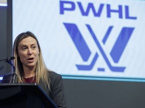 Jayna Hefford, PWHL's senior vice president of hockey operations speaks ahead of the PWHL Toronto team opening the Toronto Stock Exchange in Toronto, Friday, Jan. 12, 2024. The Professional Women's Hockey League enters the home stretch of its inaugural season Thursday when it resumes following the world championship break.