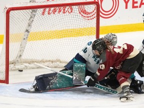 Montreal's Kristin O'Neill (43) scores on New York goaltender Corinne Schroeder (30) during second period PWHL hockey action in Montreal on Wednesday, April 24, 2024.