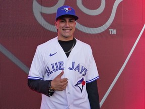 Brandon Barriera smiles after being selected by the Toronto Blue Jays with the 23rd pick of the 2022 MLB baseball draft, Sunday, July 17, 2022, in Los Angeles. THE CANADIAN PRSS/AP-Abbie Parr