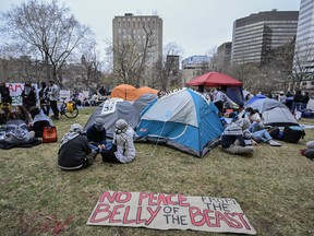 Pro-Palestinian demonstrators at an encampment at McGill University in Montreal, Saturday, April 27, 2024. Pro-Palestinian student activists in Montreal have set up camp on the grounds of McGill University this weekend.