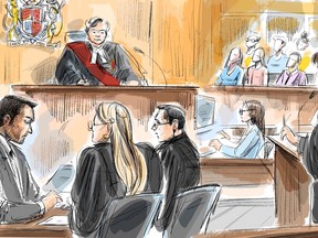 Umar Zameer, accused in the killing of Toronto Police Const. Jeffrey Northrup, left to right, defence lawyers Alexandra Heine, Nader Hasan, Crown attorney Karen Simone are shown in this courtroom sketch as Justice Anne Molloy and jury members look on in Toronto on Thursday, March 21, 2024.