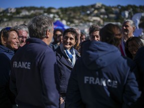 French Sports Minister Amelie Oudea-Castera attends the inauguration of the Roucas Blanc Marina constructed for the upcoming summer Olympic Games in Marseille, southern France, Tuesday, April 2, 2024. Marseille will host the Olympic sailing events during the Paris 2024 Olympic Games that run from July 26 to Aug.11, 2024.