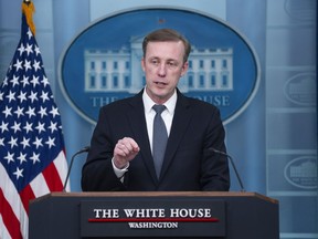 White House national security adviser Jake Sullivan speaks during a press briefing at the White House, Wednesday, April 24, 2024, in Washington.