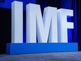 Letters spell out IMF during a news conference about the International Monetary Fund's (IMF) World Economic Outlook report, during the IMF Spring Meetings, Tuesday, April 16, 2024, in Washington.