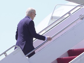 President Joe Biden boards Air Force One at Delaware Air National Guard Base in New Castle, Del., Monday, April 22, 2024.