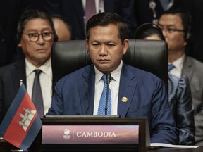 FILE - Cambodia's Prime Minister Hun Manet attends the East Asia Summit at the Association of the Southeast Asian Nations (ASEAN) Summit in Jakarta, Indonesia, Thursday, Sept. 7, 2023. Cambodia's prime minister says 20 soldiers have been killed and several others injured in an ammunition explosion at a base in the southwest of the country. Hun Manet said in a Facebook post that he was "deeply shocked" when he received the news of the explosion Saturday afternoon at the base in Kampong Speu province.