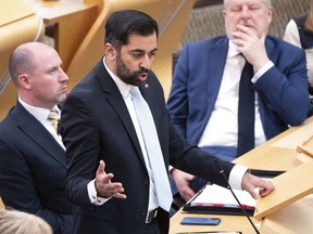 Scotland's First Minister Humza Yousaf speaks during First Minster's Questions (FMQ's) at the Scottish Parliament in Holyrood, Edinburgh, Thursday April 25, 2024. The Scottish National Party has ended its three-year power-sharing agreement with the much smaller Greens after tensions grew between the two pro-independence parties over climate change policies. Humza Yousaf, Scotland's first minister, informed the Greens on Thursday he was terminating the agreement with immediate effect.