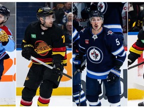 The four Canadian clubs in this year's post-season Stanley Cup tournament represent the most to make the cut in a normal campaign since 2017. A composite image of four photographs show, from left to right: Winnipeg Jets' Josh Morrissey (44) in Winnipeg on Monday April 1, 2024; Vancouver Canucks' Carson Soucy (7) in Vancouver, B.C., Wednesday, April 10, 2024; Winnipeg Jets' Brenden Dillon (5) in Winnipeg, Thursday, Nov. 9, 2023; Vancouver Canucks' Noah Juulsen (47) in Vancouver, B.C., Thursday, Feb. 15, 2024.