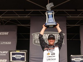 Canadian Cory Johnston holds the trophy up after winning his first-ever Elite Series title in St. Johns River, Fla., in a Sunday, April 21, 2024, handout photo.