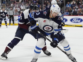 Winnipeg Jets defenceman Brenden Dillon will not play Game 4 against Colorado today due to a left hand injury. Dillon (5) in the third period of an NHL hockey game in Denver, Saturday, April 13, 2024.