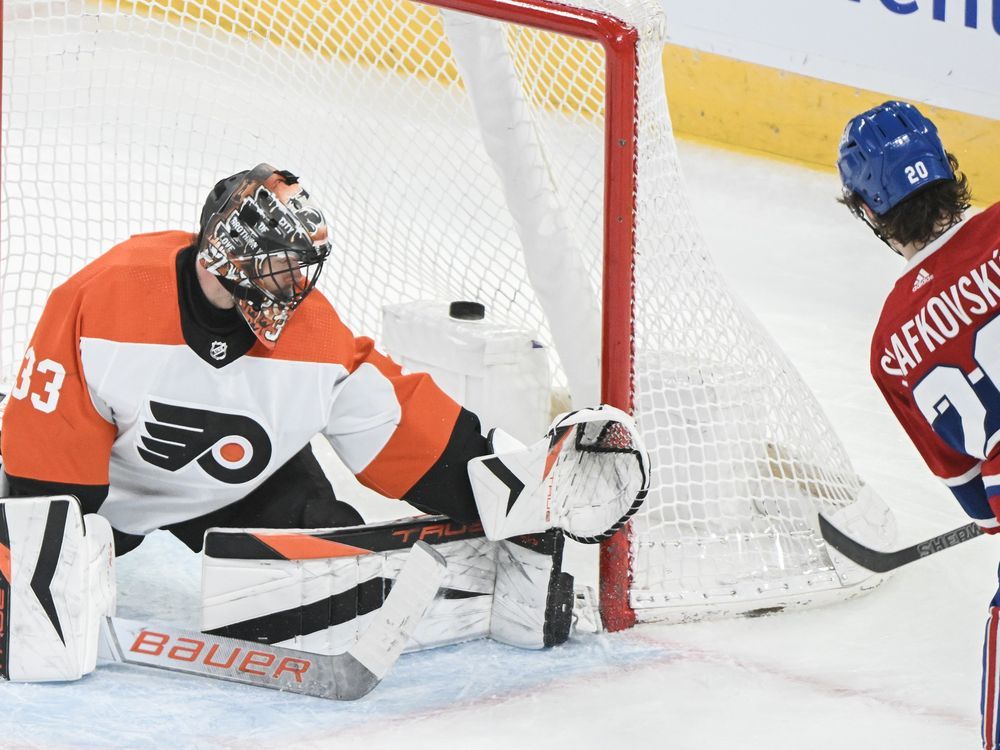 NextImg:Slafkovsky nets hat trick, Canadiens hand Flyers eighth straight loss in 9-3 blowout