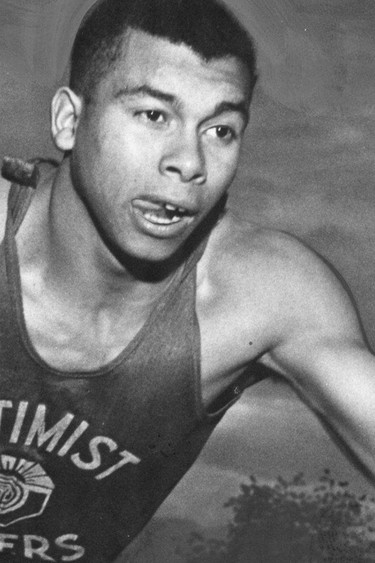 Harry Jerome, in 1962. Whether he tied the record for running the 100-metre in 10.0 seconds in 1960 or beat it at 9.9 is still a subject of much debate.