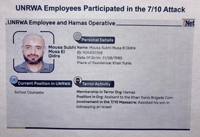 An UNRWA-employed school councillor who, according to Israeli intelligence, took part in the Oct. 7 terror attacks