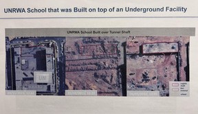 A page from an Israeli intelligence briefing, viewed by the National Post, depicting aerial surveillance photos of an UNRWA school constructed atop a Hamas military bunker
