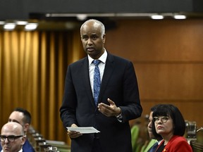Minister of International Development Ahmed Hussen rises during Question Period in the House of Commons on Parliament Hill in Ottawa on Friday, March 22, 2024. Foreign aid groups are hailing the federal Liberal government's return to a policy of increasing humanitarian and development spending each year, while asking for a plan to push allies to reverse a global decline in aid.